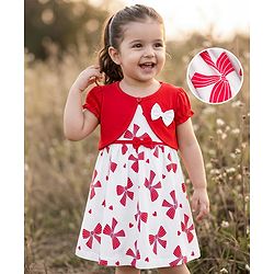 Babyhug Single Jersey Knit Half Sleeves Bow Print & Applique Frock With Shrug - White