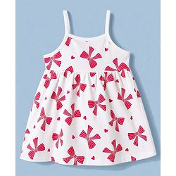 Babyhug Single Jersey Knit Half Sleeves Bow Print & Applique Frock With Shrug - White