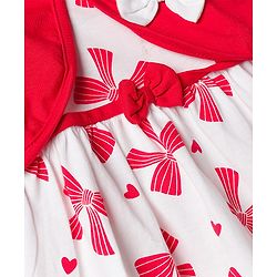 Babyhug Single Jersey Knit Half Sleeves Bow Print & Applique Frock With Shrug - White