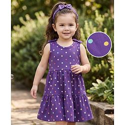 Babyhug Single Jersey Knit Sleeveless Tiered Frock & Headband With Polka Dot Print -Purple