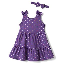 Babyhug Single Jersey Knit Sleeveless Tiered Frock & Headband With Polka Dot Print -Purple