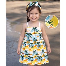 Babyhug Single Jersey Knit Sleeveless Beach Theme Printed Frock With Bow Applique & Headband - White