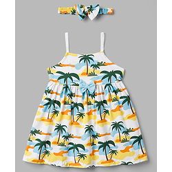 Babyhug Single Jersey Knit Sleeveless Beach Theme Printed Frock With Bow Applique & Headband - White
