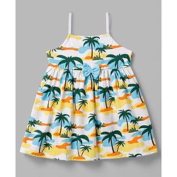 Babyhug Single Jersey Knit Sleeveless Beach Theme Printed Frock With Bow Applique & Headband - White