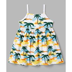 Babyhug Single Jersey Knit Sleeveless Beach Theme Printed Frock With Bow Applique & Headband - White
