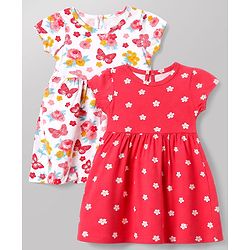 Babyhug Single Jersey Knit Half Sleeves Frocks With Floral Print Pack of 2 - White & Pink