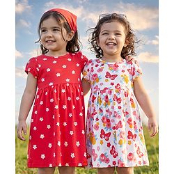 Babyhug Single Jersey Knit Half Sleeves Frocks With Floral Print Pack of 2 - White & Pink