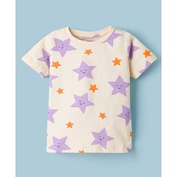 Babyhug Cotton Knit Half Sleeves T-Shirt & Shorts Co-ord Night Suit With Star Print - Lavender