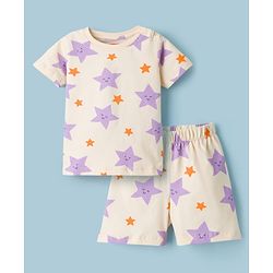 Babyhug Cotton Knit Half Sleeves T-Shirt & Shorts Co-ord Night Suit With Star Print - Lavender
