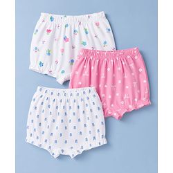 Babyhug 100% Cotton Knit Bloomer With Floral & Bow Print Pack of 3 - White & Pink