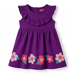 Babyhug Cotton Knit Frill Sleeves Floral Printed Frock With Bloomer - Purple