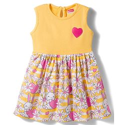 Babyhug Single Jersey Knit Sleeveless Floral & Bunny Printed Frock - Multicolour