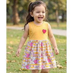 Babyhug Single Jersey Knit Sleeveless Floral & Bunny Printed Frock - Multicolour