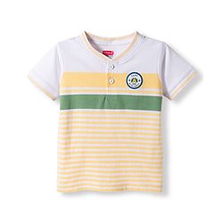 Babyhug Cotton Blend Knit Half Sleeves Striped Henley T-Shirt with 3D Badge - Multicolor