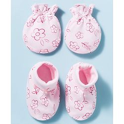 Babyhug 100% Cotton Interlock Knit Mittens & Booties With Floral Print - Pink