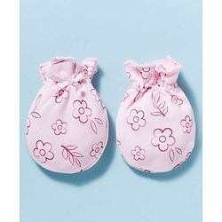 Babyhug 100% Cotton Interlock Knit Mittens & Booties With Floral Print - Pink