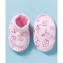 Babyhug 100% Cotton Interlock Knit Mittens & Booties With Floral Print - Pink