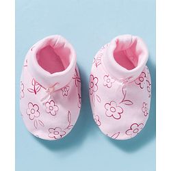 Babyhug 100% Cotton Interlock Knit Mittens & Booties With Floral Print - Pink