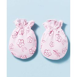 Babyhug 100% Cotton Interlock Knit Mittens & Booties With Floral Print - Pink