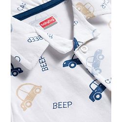 Babyhug Cotton Knit Half Sleeves Front Open Co-ords Shirt & Pajama Night Suit with Car Print - Off White