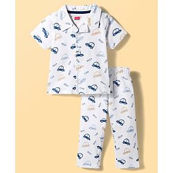 Babyhug Cotton Knit Half Sleeves Front Open Co-ords Shirt & Pajama Night Suit with Car Print - Off White