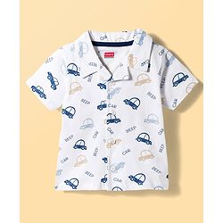 Babyhug Cotton Knit Half Sleeves Front Open Co-ords Shirt & Pajama Night Suit with Car Print - Off White