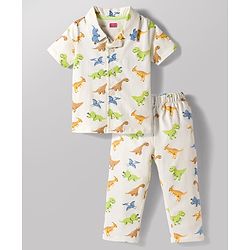 Babyhug Cotton Knit Half Sleeves Co-Ord Shirt & Pyjama Night Suit with Tiger Print - Off White