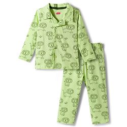 Babyhug Cotton Knit Full Sleeves Co-Ord Shirt & Pyjama Night-Suit With Lion Print - Green