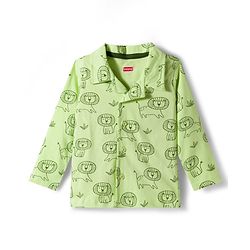 Babyhug Cotton Knit Full Sleeves Co-Ord Shirt & Pyjama Night-Suit With Lion Print - Green