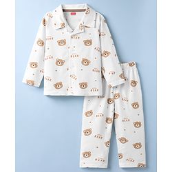 Babyhug Cotton Knit Full Sleeves Co-Ord Shirt & Pyjama Night-Suit With Bear Print - White