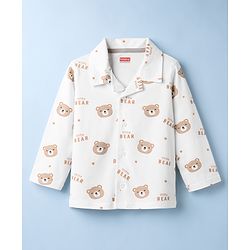 Babyhug Cotton Knit Full Sleeves Co-Ord Shirt & Pyjama Night-Suit With Bear Print - White