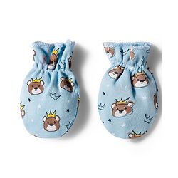 Babyhug 100% Cotton Knit Mittens & Booties Set with Bear Print - Light Blue