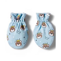 Babyhug 100% Cotton Knit Mittens & Booties Set with Bear Print - Light Blue