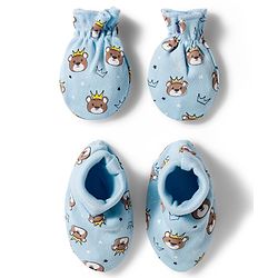 Babyhug 100% Cotton Knit Mittens & Booties Set with Bear Print - Light Blue