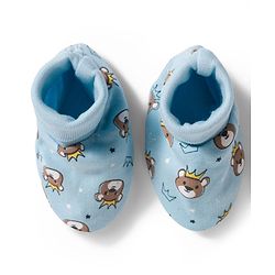 Babyhug 100% Cotton Knit Mittens & Booties Set with Bear Print - Light Blue