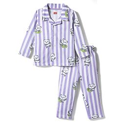 Babyhug 100% Cotton Knit Full Sleeves Shirt & Pyjama Co-ord Night Suit With Panda Print - Lavender