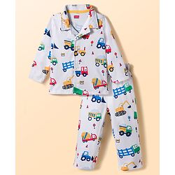 Babyhug Cotton Knit Full Sleeves Shirt & Pyjama Co-ord Night Suit With Vehicle Print - White