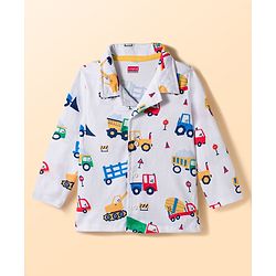 Babyhug Cotton Knit Full Sleeves Shirt & Pyjama Co-ord Night Suit With Vehicle Print - White