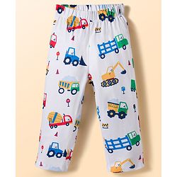 Babyhug Cotton Knit Full Sleeves Shirt & Pyjama Co-ord Night Suit With Vehicle Print - White