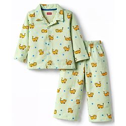 Babyhug Cotton Knit Full Sleeves Shirt & Pyjama Co-ord Night Suit With Tiger Print - Lime Green