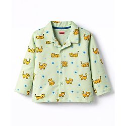 Babyhug Cotton Knit Full Sleeves Shirt & Pyjama Co-ord Night Suit With Tiger Print - Lime Green