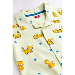 Babyhug Cotton Knit Full Sleeves Shirt & Pyjama Co-ord Night Suit With Tiger Print - Lime Green