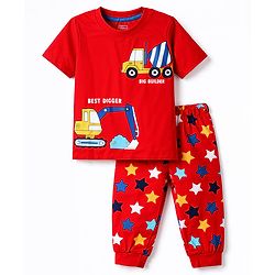 Babyhug Cotton Knit Half Sleeves T-Shirt & Pyjama Night Suit With Vehicle Print - Red
