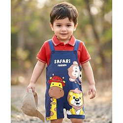 Babyhug Single Jersey Knit Half Sleeves T-Shirt & Dungaree Set with Safari Print - Red & Navy Blue