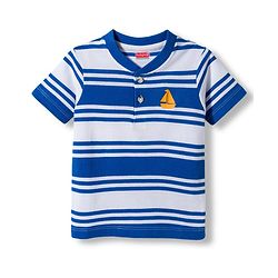 Babyhug Cotton Blend Knit Half Sleeves Striped Henley T-Shirt with HD Ship Graphic - Multicolor