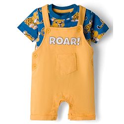 Babyhug Single Jersey Knit Half Sleeves T-Shirt & Dungaree Set with Tiger Print - Yellow & Navy Blue