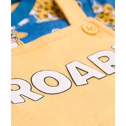Babyhug Single Jersey Knit Half Sleeves T-Shirt & Dungaree Set with Tiger Print - Yellow & Navy Blue