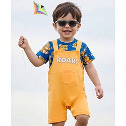 Babyhug Single Jersey Knit Half Sleeves T-Shirt & Dungaree Set with Tiger Print - Yellow & Navy Blue