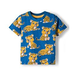 Babyhug Single Jersey Knit Half Sleeves T-Shirt & Dungaree Set with Tiger Print - Yellow & Navy Blue