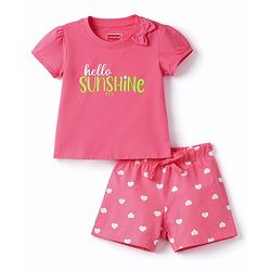 Babyhug 100% Cotton Knit Half Sleeves T-Shirt & Shorts Co-ord Night Suit With Heart Print - Pink